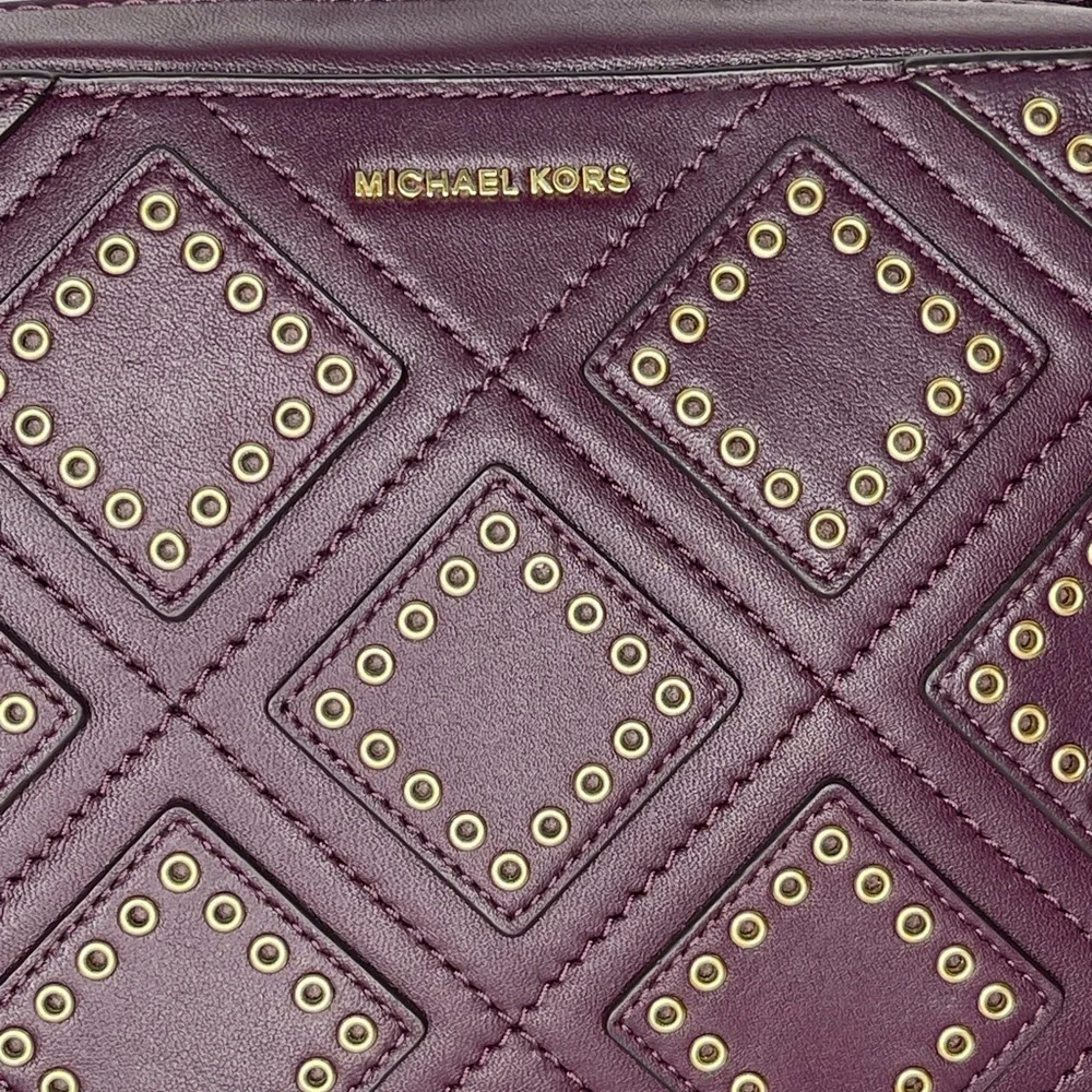 Michael Kors Studded Leather Crossbody Bag Plum Burgundy Gold Tone